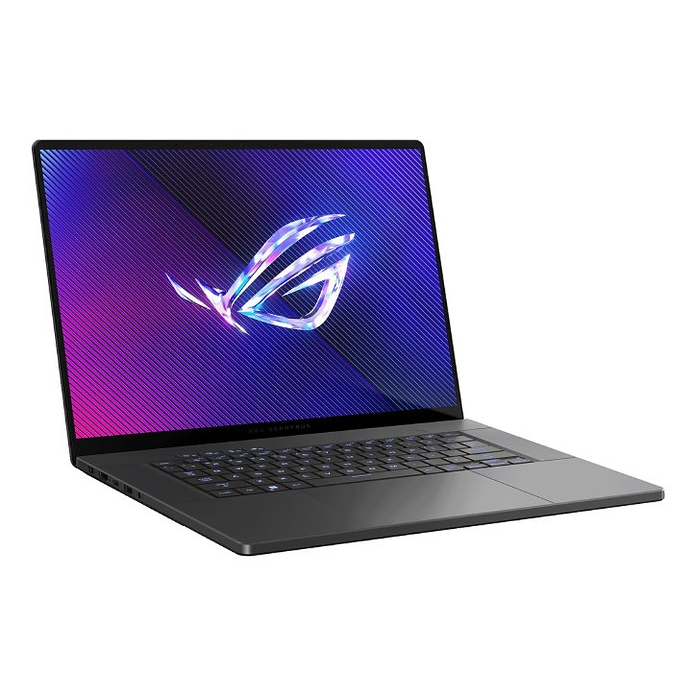 Szary laptop z podświetlaną klawiaturą i świecącym na niebiesko logo ROG na ekranie na białym tle.