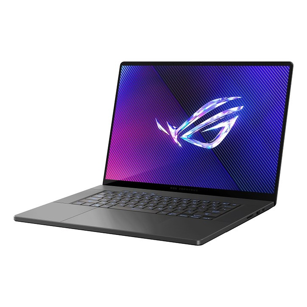 Szary laptop z podświetlaną klawiaturą wyświetla niebiesko-fioletowy wzór ROG na ekranie.