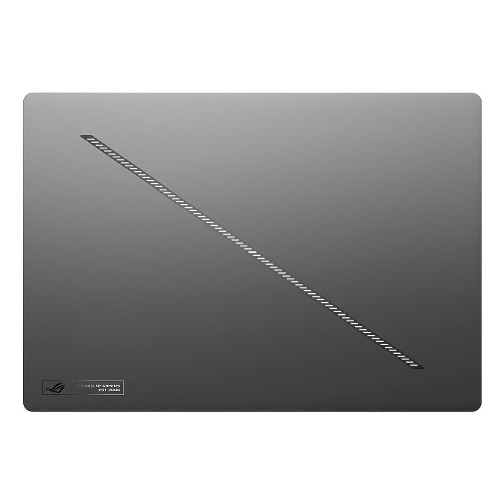 Zamknięta szara pokrywa laptopa ma ukośny, świecący pasek i małe logo.