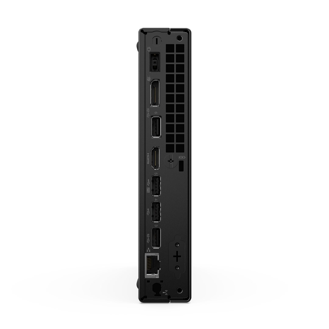 Tylny panel czarnego mini PC z portami USB, HDMI, DisplayPort i Ethernet.