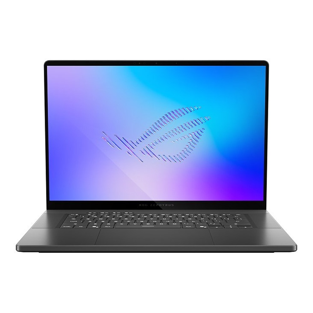 Czarny laptop z przodu, z niebiesko-fioletowym ekranem i podświetlaną klawiaturą.
