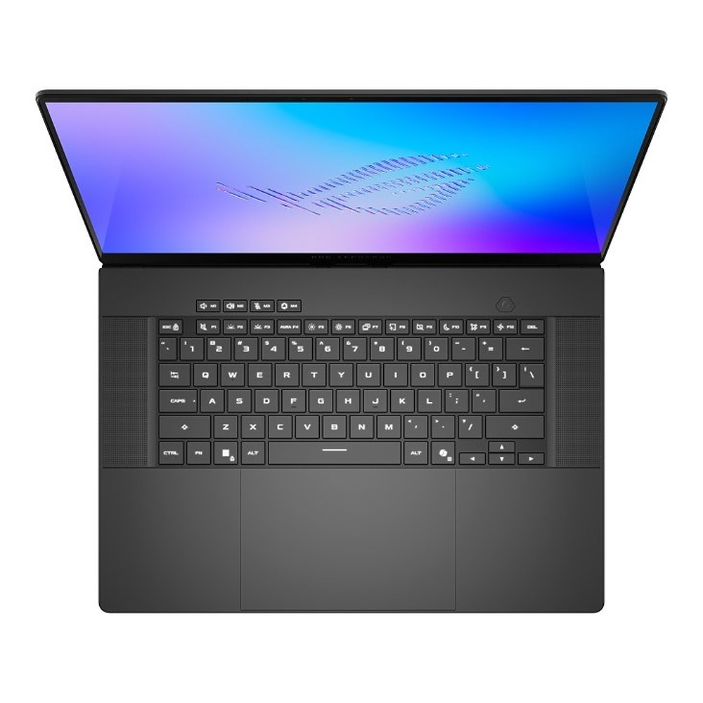 Czarny laptop widziany z góry, z podświetlanym ekranem i klawiaturą QWERTY.