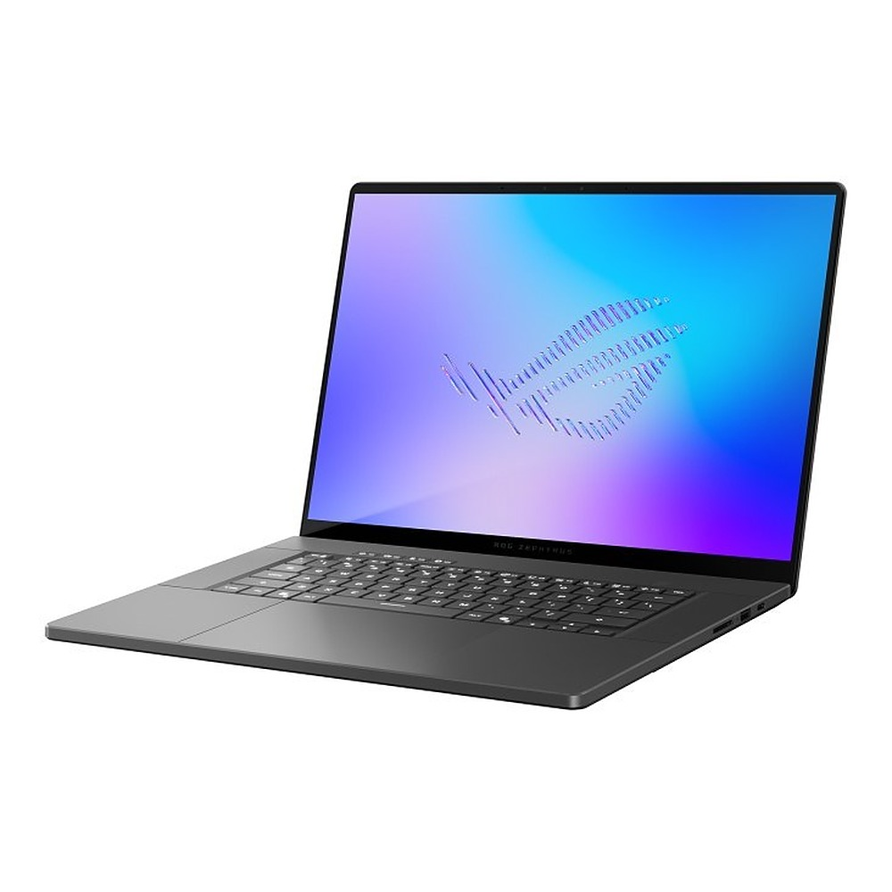 Szary laptop na białym tle z niebiesko-fioletowym ekranem i logo ROG.