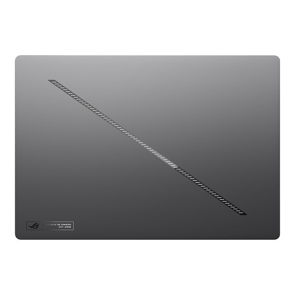 Szara pokrywa laptopa z ukośną przerywaną linią i małym logo ROG w lewym dolnym rogu.