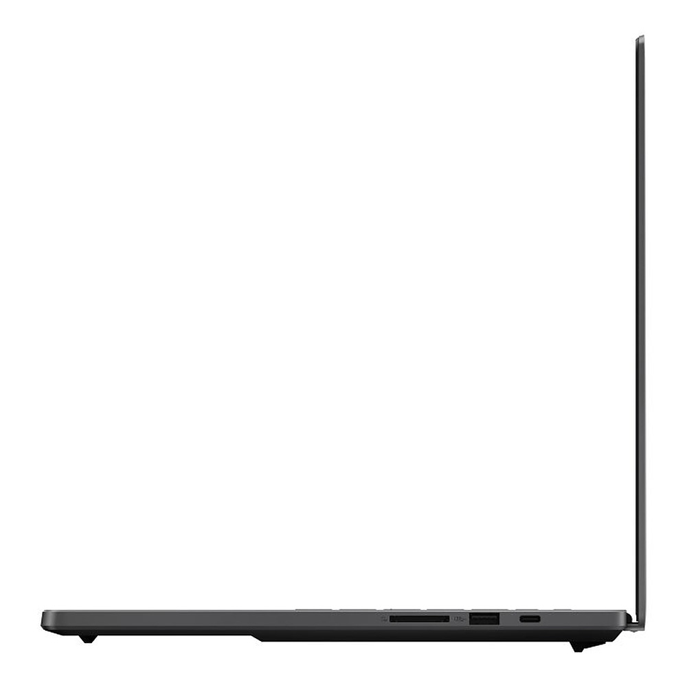 Widok z boku smukłego szarego laptopa z widocznymi portami i gniazdem kart SD.