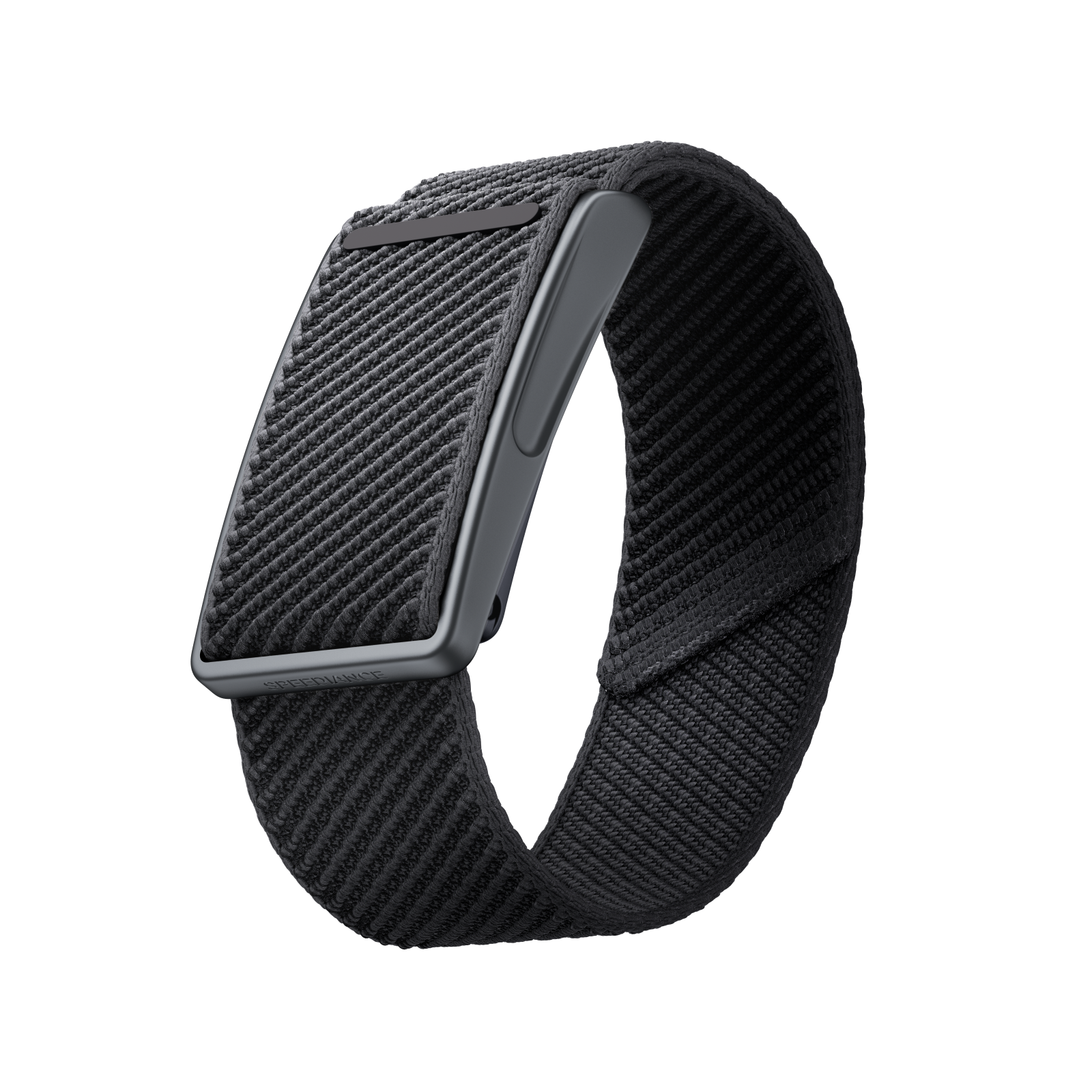 Ein schwarzes Fitnessarmband mit Stoffarmband und Metallgehäuse vor weißem Hintergrund.