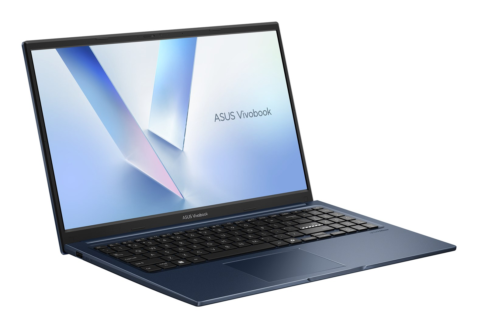 Niebieski laptop ASUS Vivobook z otwartym ekranem i klawiaturą na białym tle.