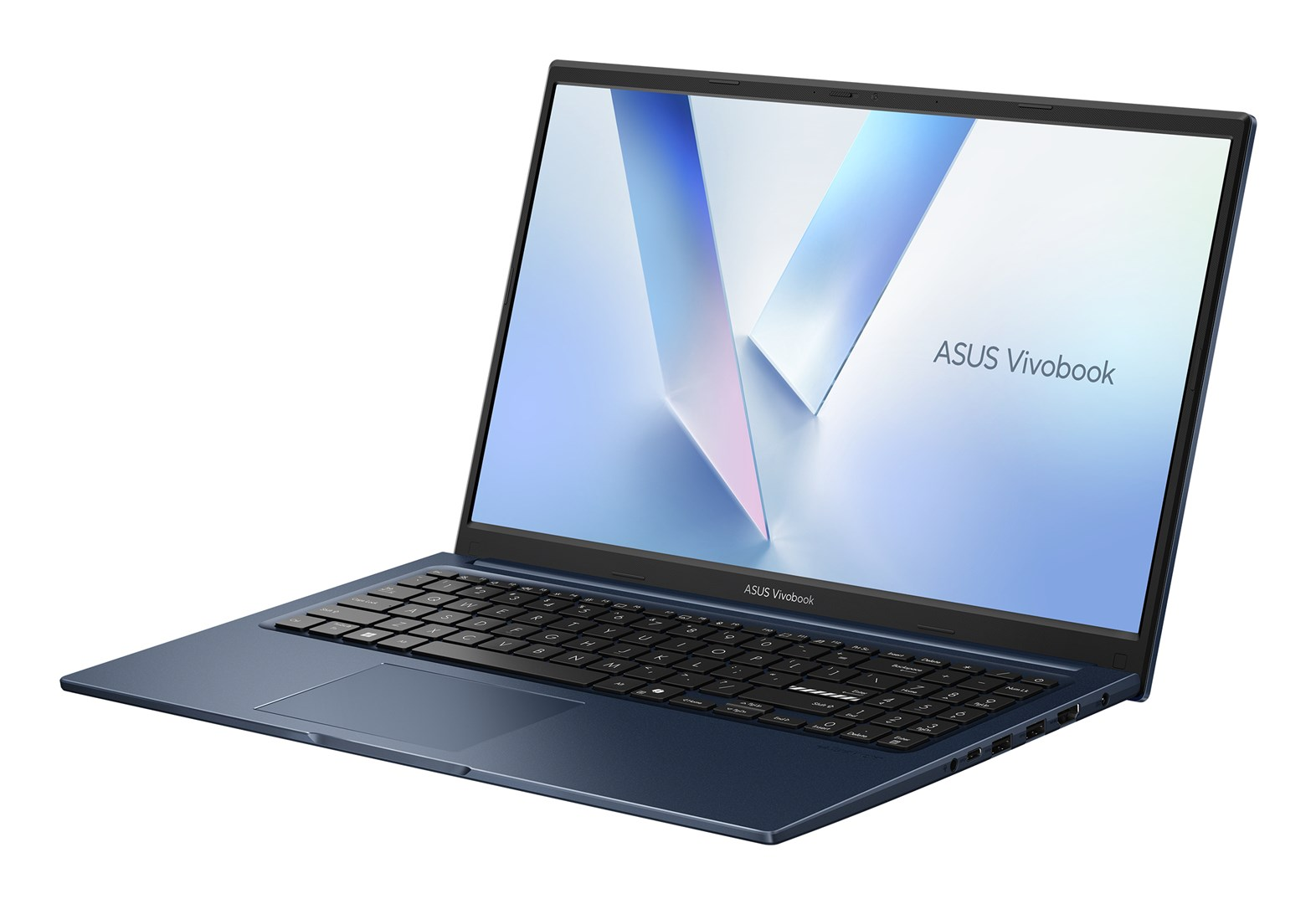Otwarty niebieski laptop ASUS Vivobook na jasnym tle.