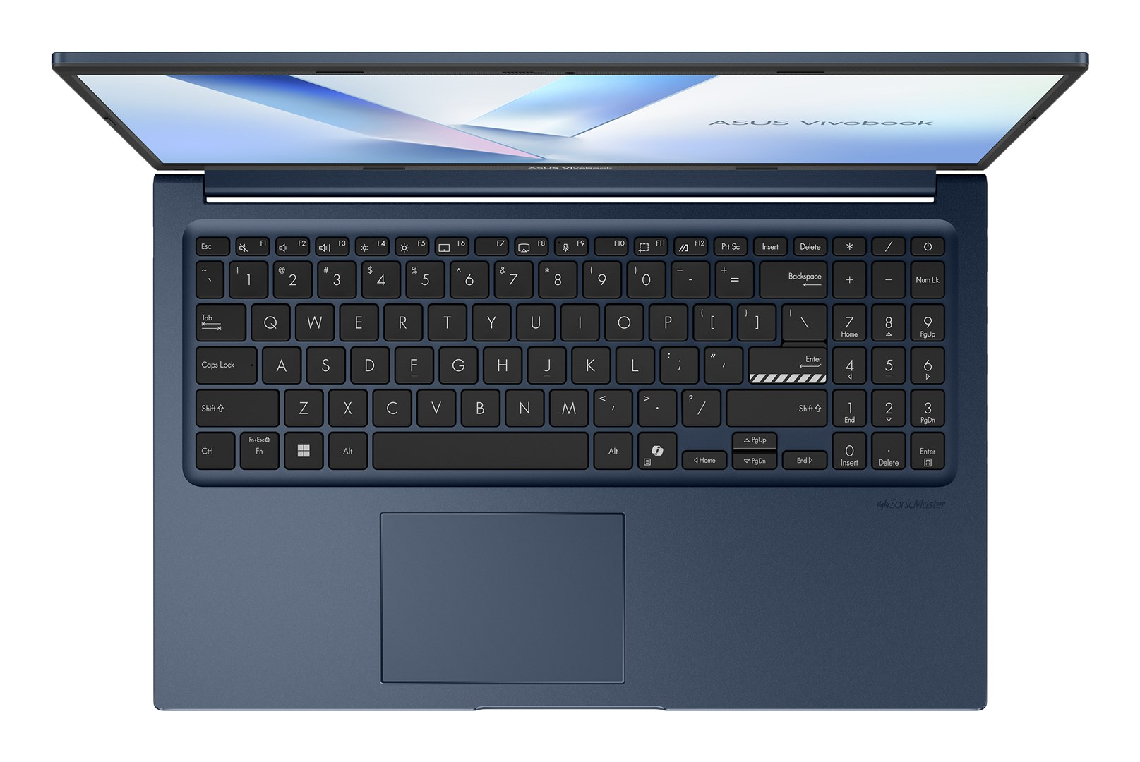 Widok z góry na ciemnoniebieski laptop ASUS Vivobook z otwartym ekranem i pełną klawiaturą.