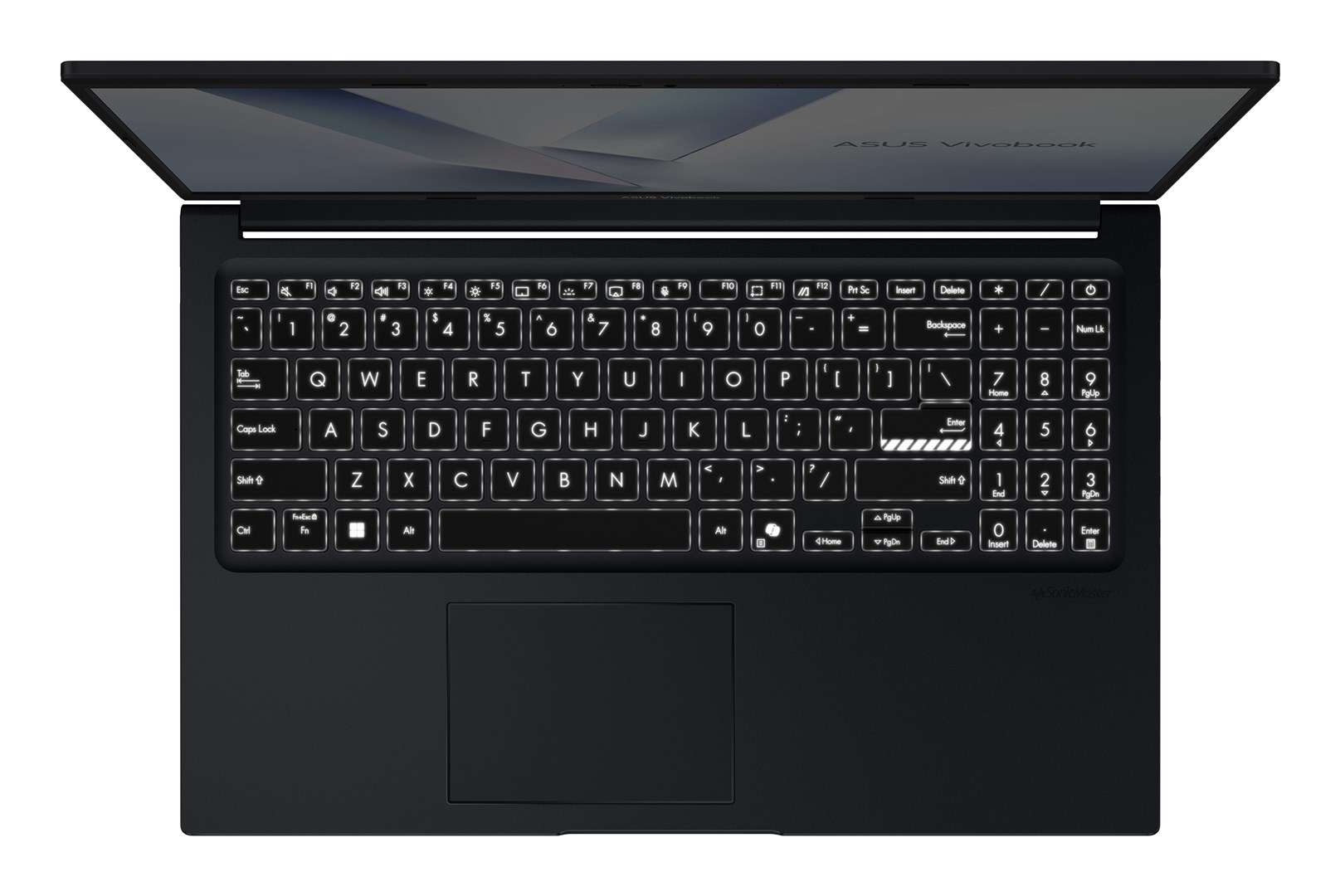 Widok z góry na czarny laptop Asus Vivobook z podświetlaną klawiaturą i zintegrowanym panelem dotykowym.