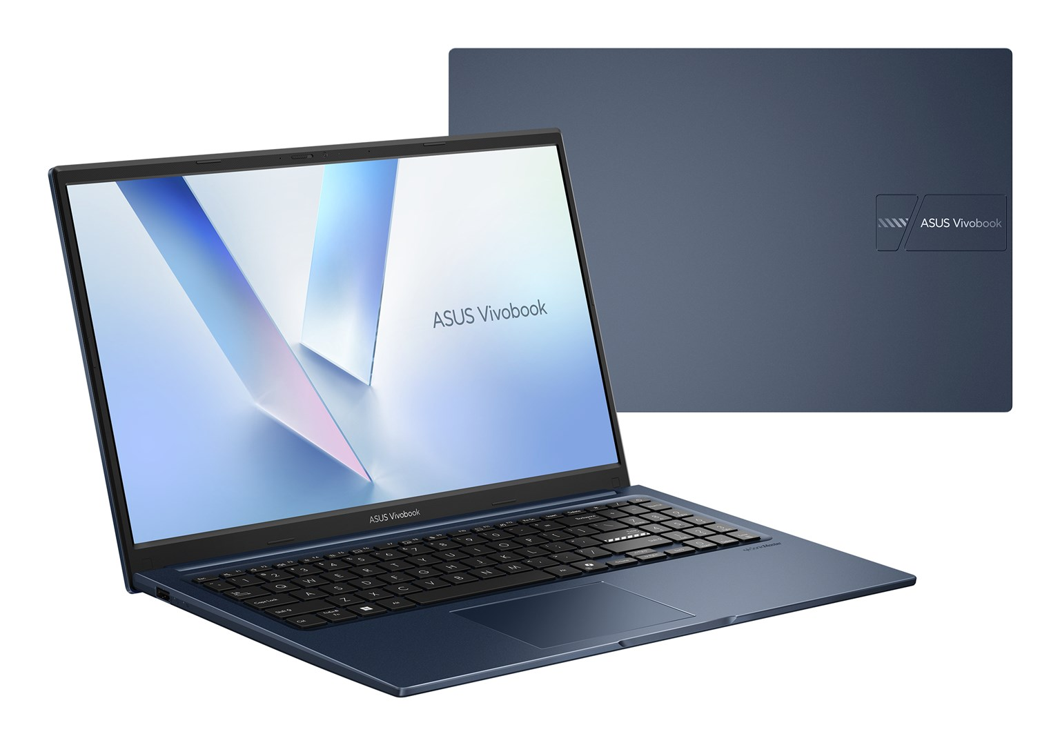 Niebieski laptop Asus Vivobook pokazany jako otwarty i zamknięty na białym tle.