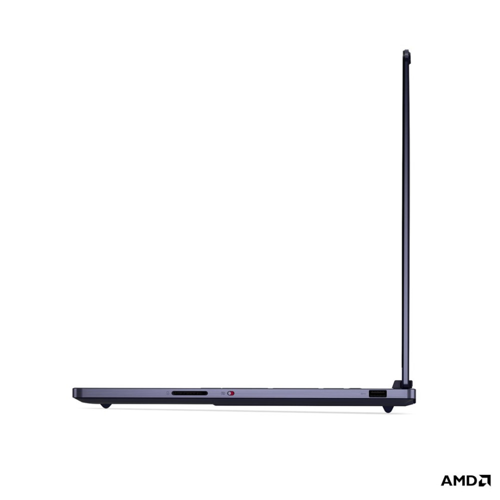 Widok z boku zamkniętego ciemnego laptopa na białym tle z logo AMD.