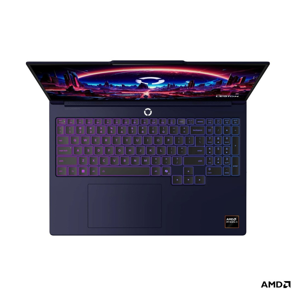 Ciemnoniebieski laptop z góry, z podświetlaną klawiaturą i kolorowym ekranem cyberpunk.