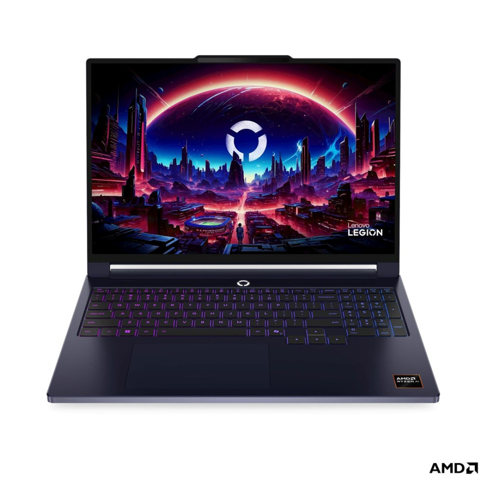 Laptop Lenovo Legion wyświetla na ekranie futurystyczny, czerwono-niebieski pejzaż miejski z czerwonym księżycem.
