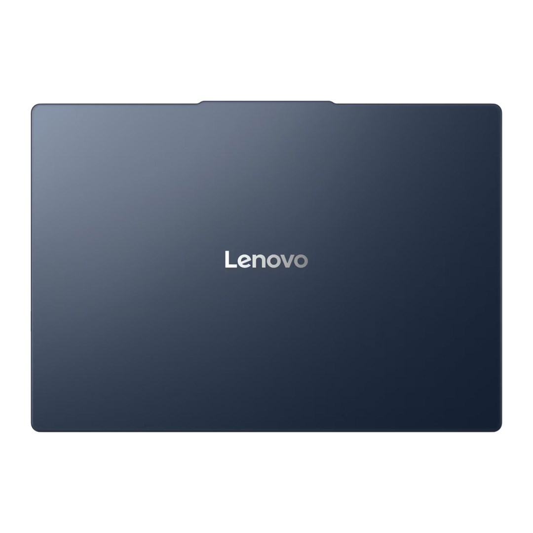 Zamknięta górna obudowa niebieskiego laptopa Lenovo ze srebrnym logo po środku na białym tle.