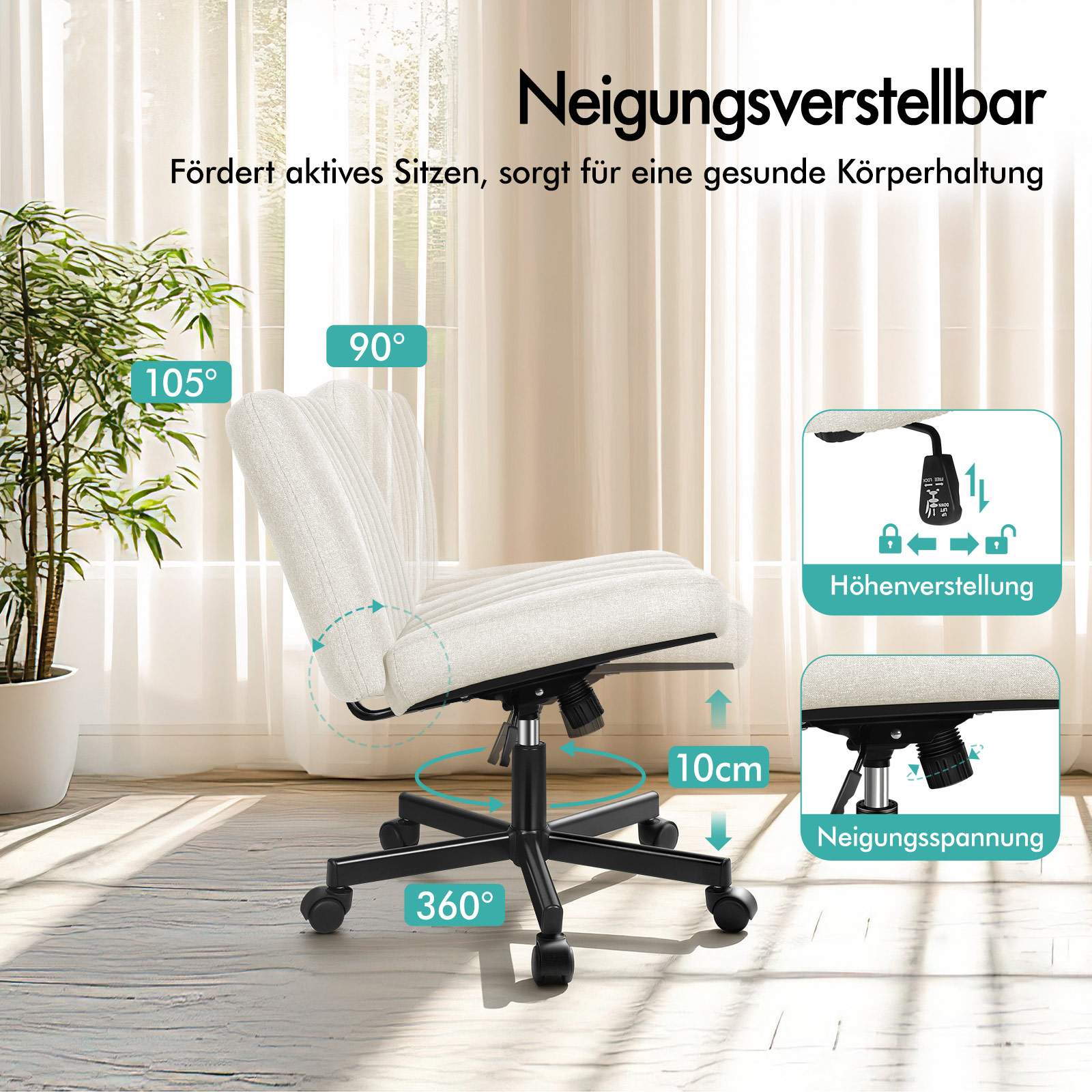 Ein beiger Buerostuhl auf Raedern mit Diagrammen zur Hoehen- und Neigungsverstellung vor einem Vorhangfenster.