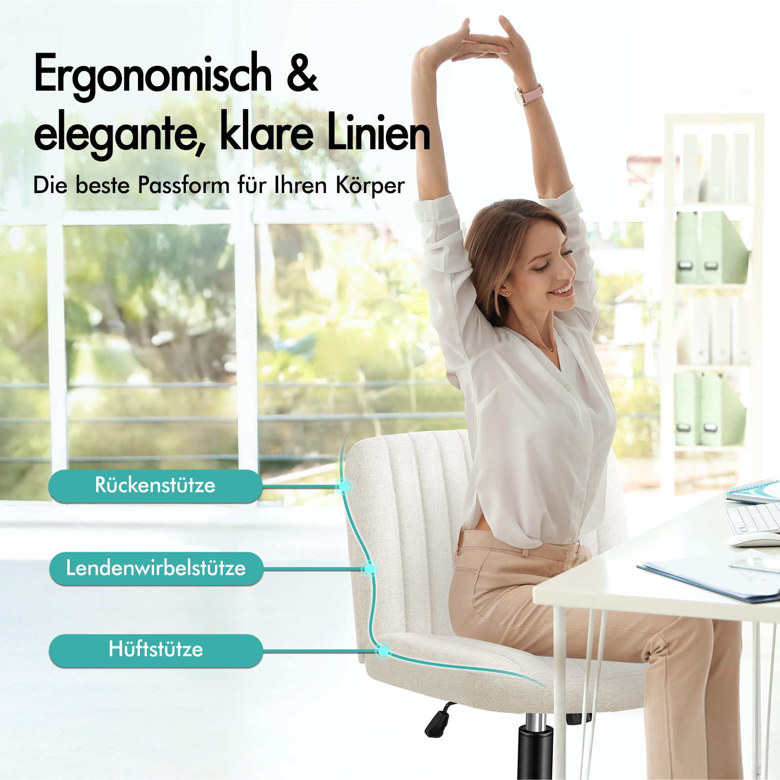 Frau streckt sich in hellem Büro auf einem ergonomischen Bürostuhl mit Textoverlays.