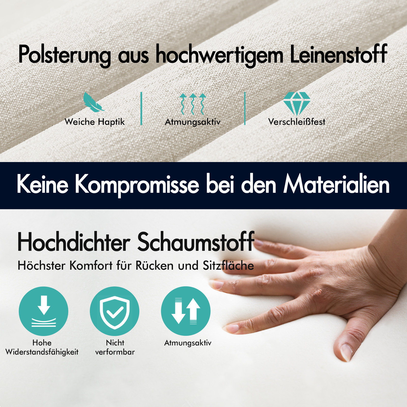 Produktwerbung zeigt weichen Leinenstoff und hochdichten Schaumstoff mit Text und Symbolen.