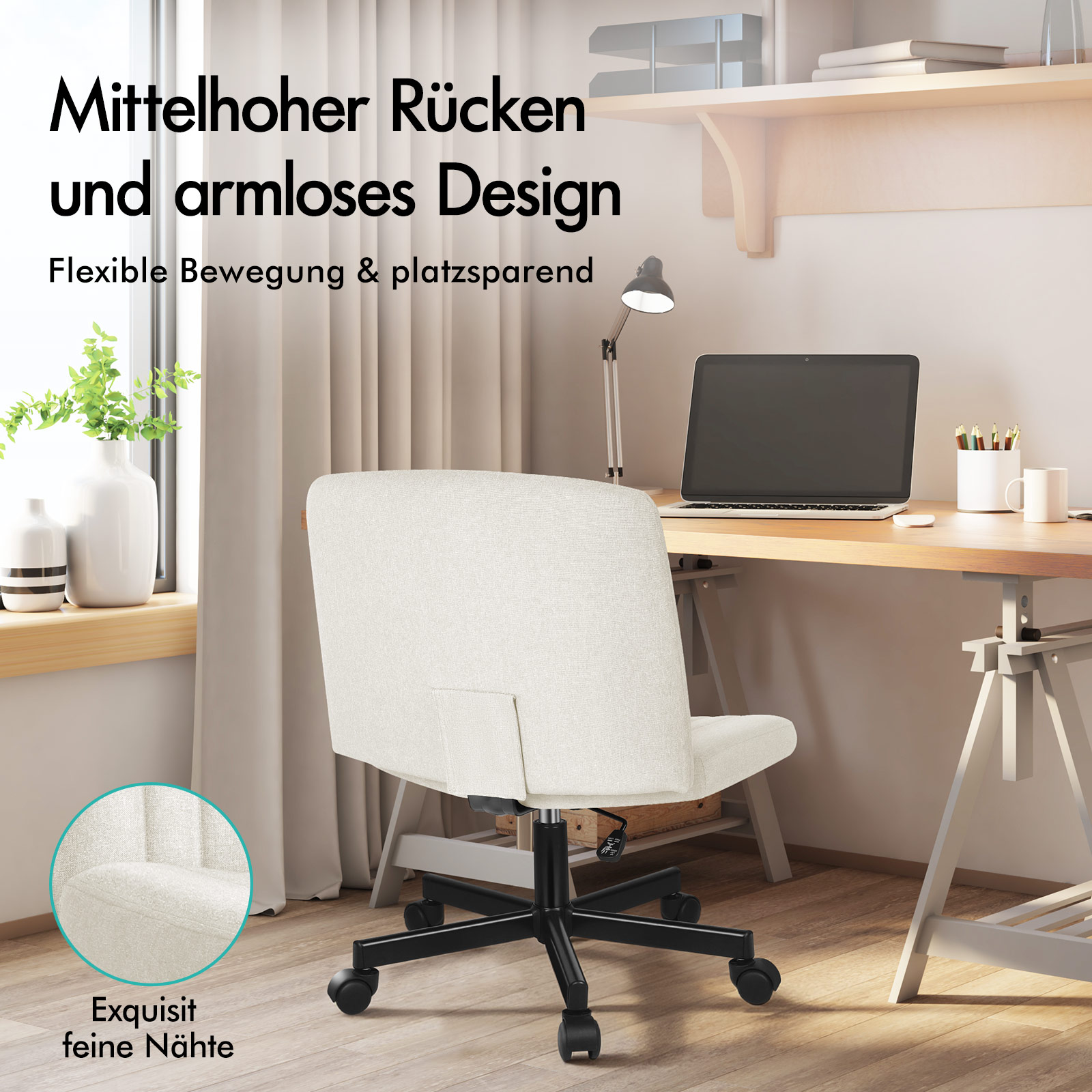 Beiger Bürostuhl an einem Schreibtisch mit Laptop in einem hellen Zimmer mit Text.