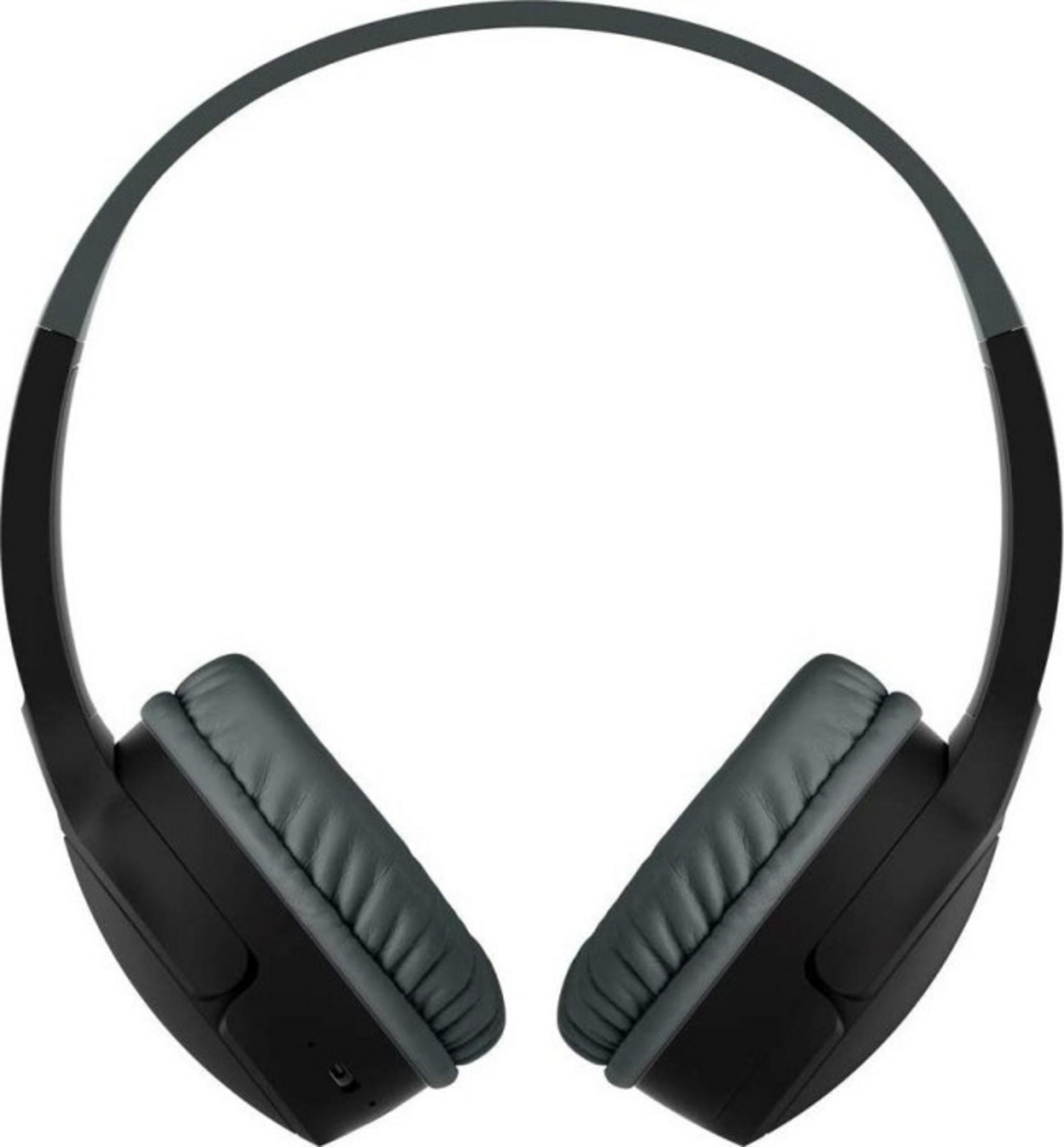 Schwarze On-Ear-Kopfhörer mit grauem gepolstertem Bügel und Ohrmuscheln vor weißem Hintergrund.