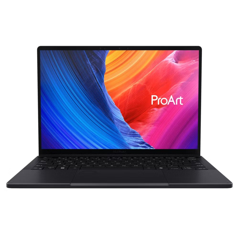 Czarny laptop Asus ProArt z kolorowym, abstrakcyjnym tłem na ekranie.