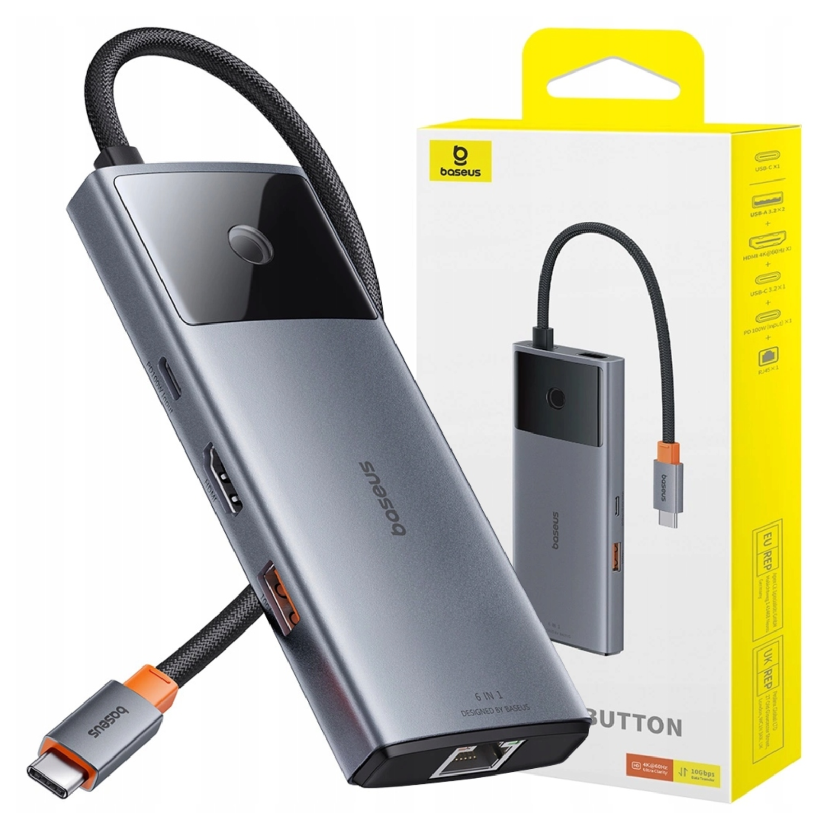 Örgülü kabloya sahip gri bir Baseus 6'sı 1 arada USB-C çoklayıcı, sarı ve beyaz ürün ambalajının önünde duruyor.