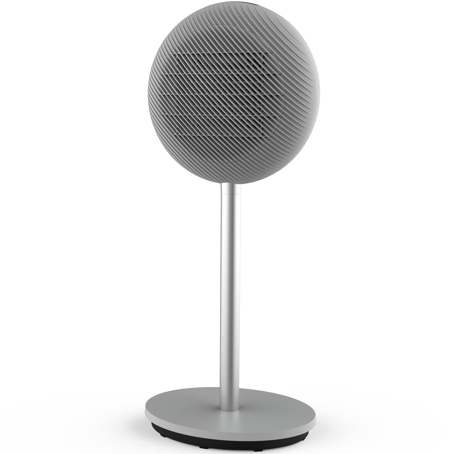 A modern grey standing fan with a spherical head, slim metal pole, and round base on a white background.