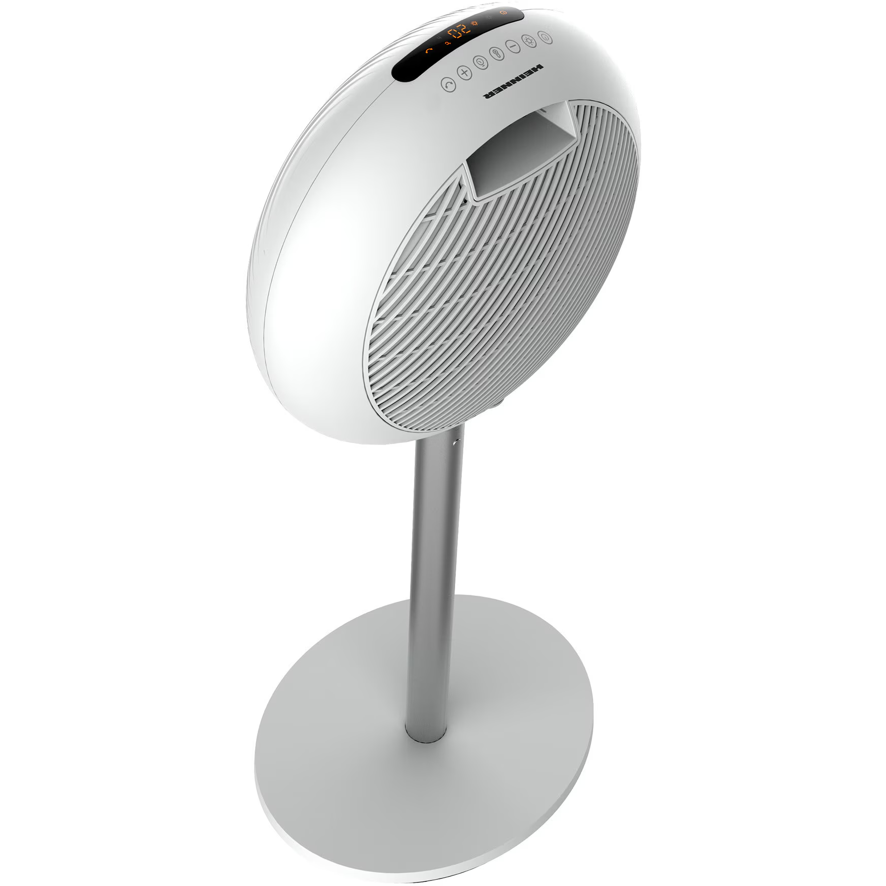A white pedestal fan with a round digital display on top, standing on a round base against a white background.