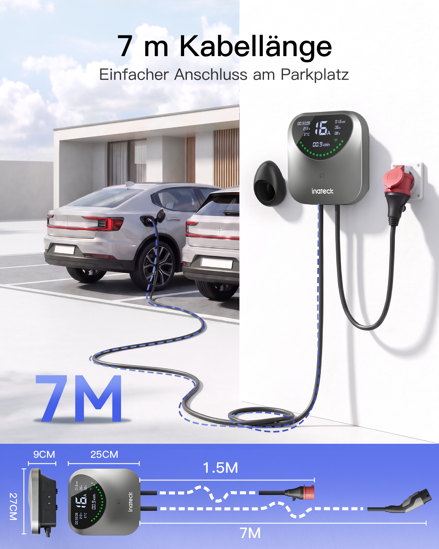 Wandladegerät für Elektroautos mit 7m Kabel, das mit einem silbernen Auto in einem Parkhaus verbunden ist.