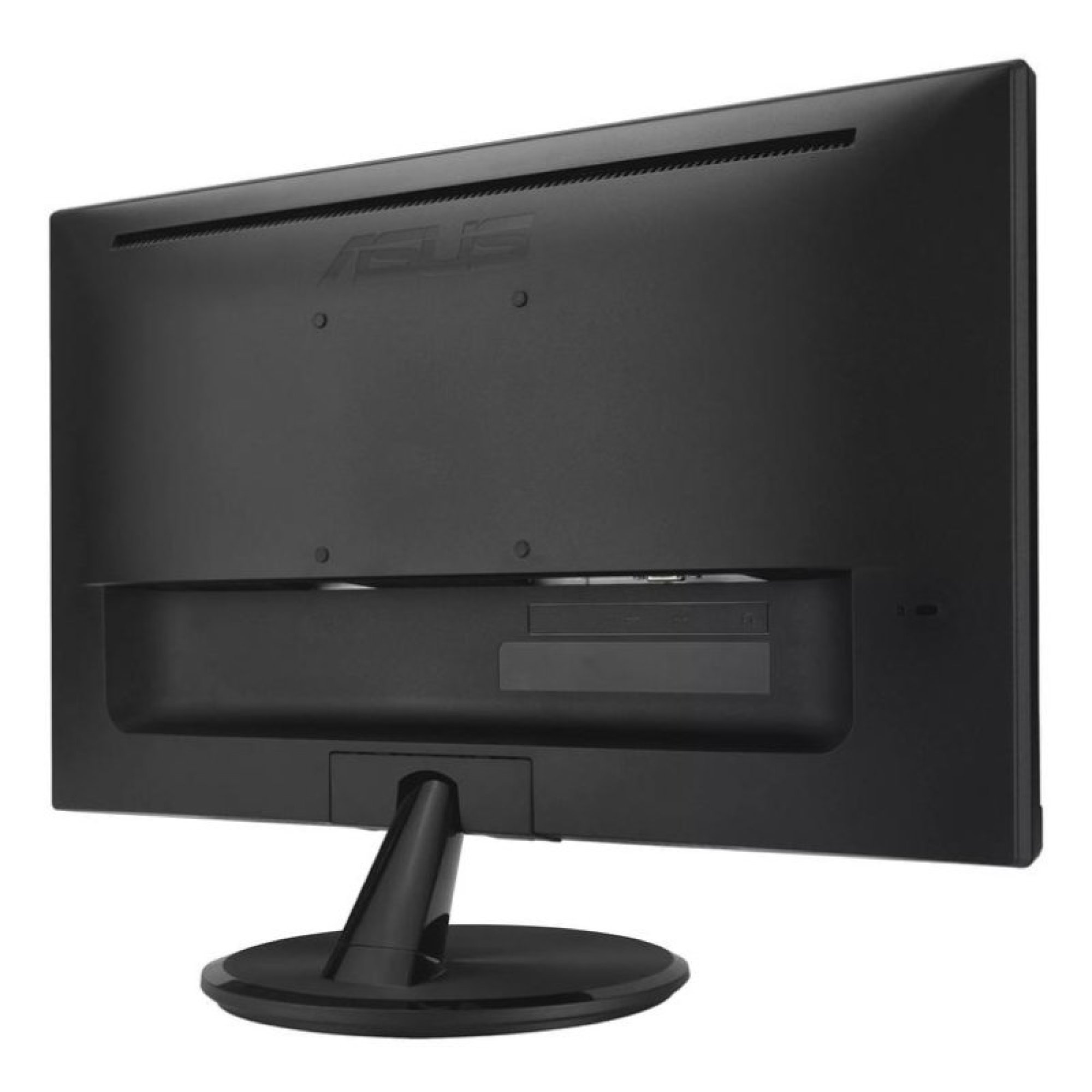 Rear view of a black Asus monitor on a round table stand.