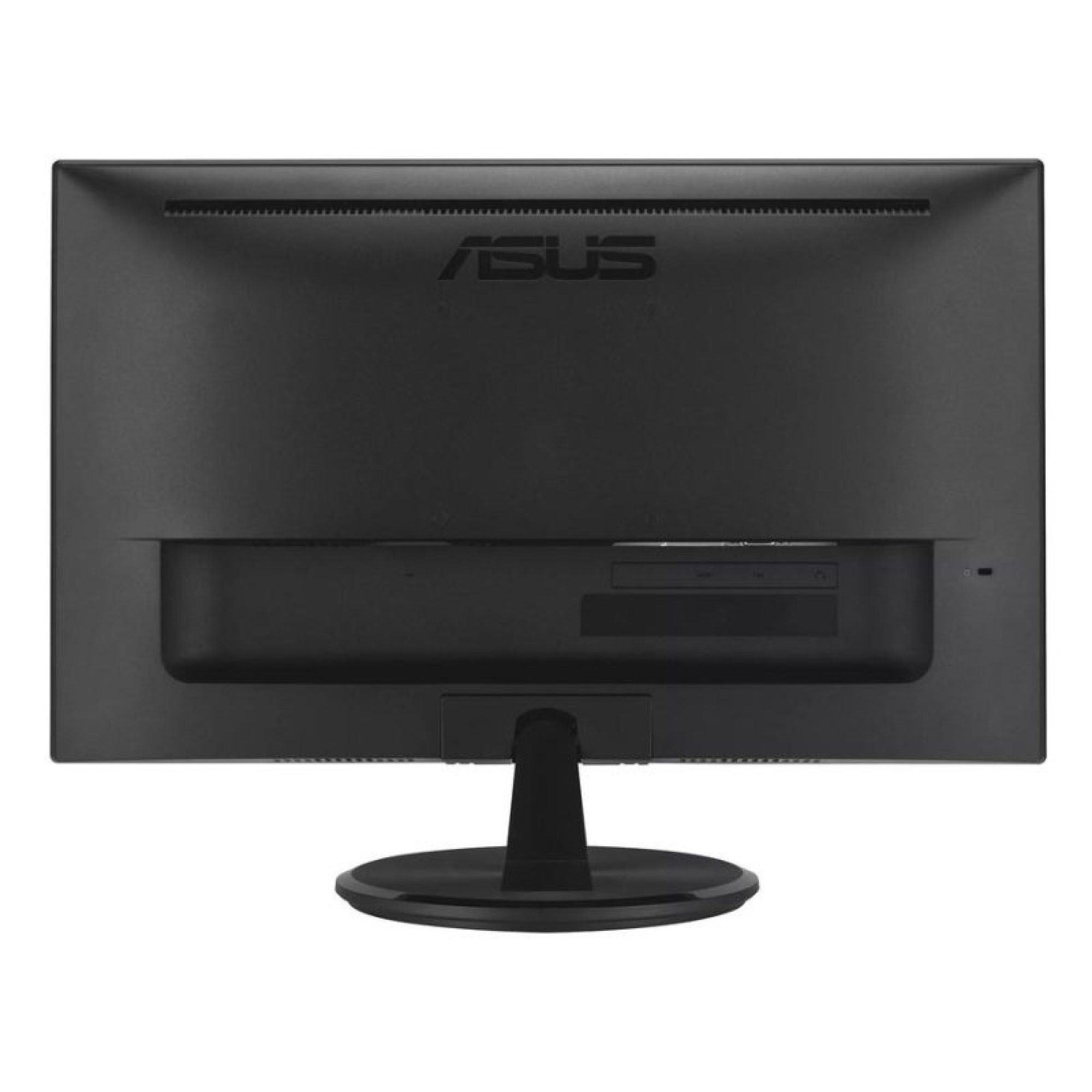 Rear view of a black Asus computer monitor on a round stand against a plain background.