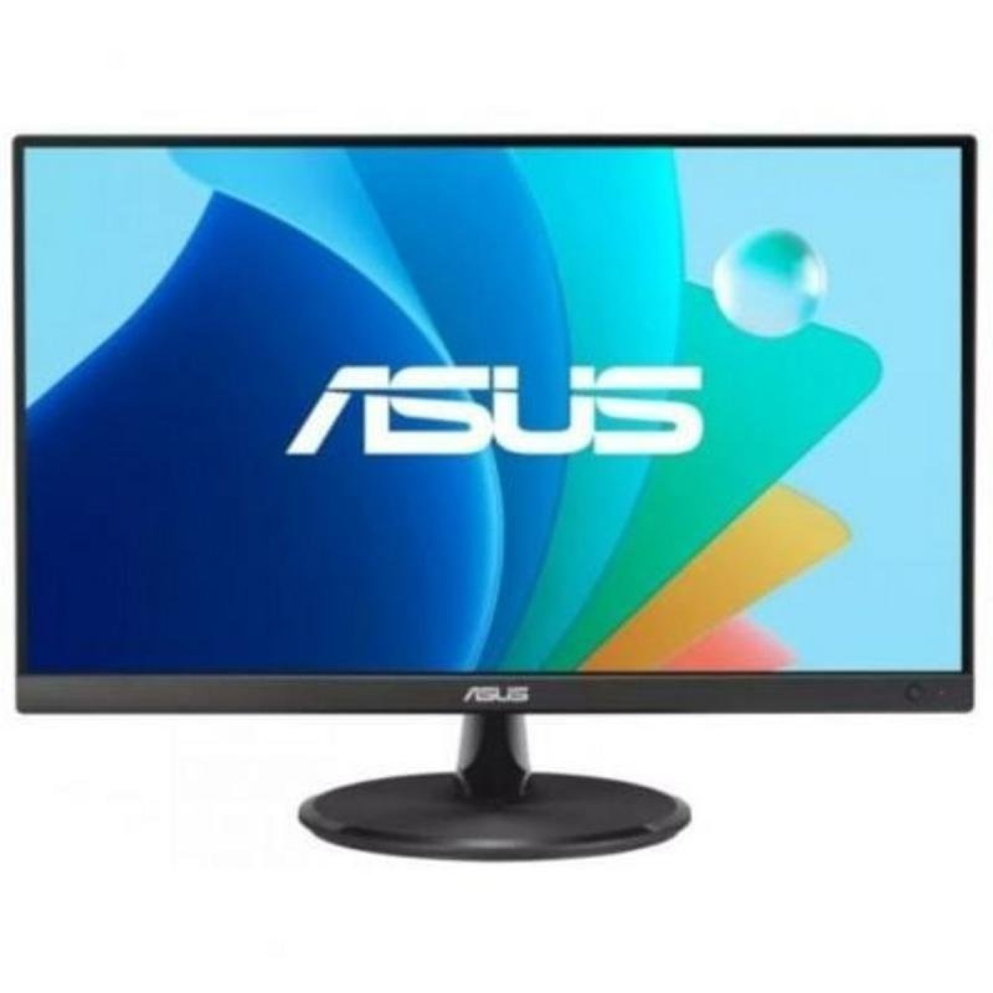 A black ASUS monitor displays a colorful background with the white ASUS logo.