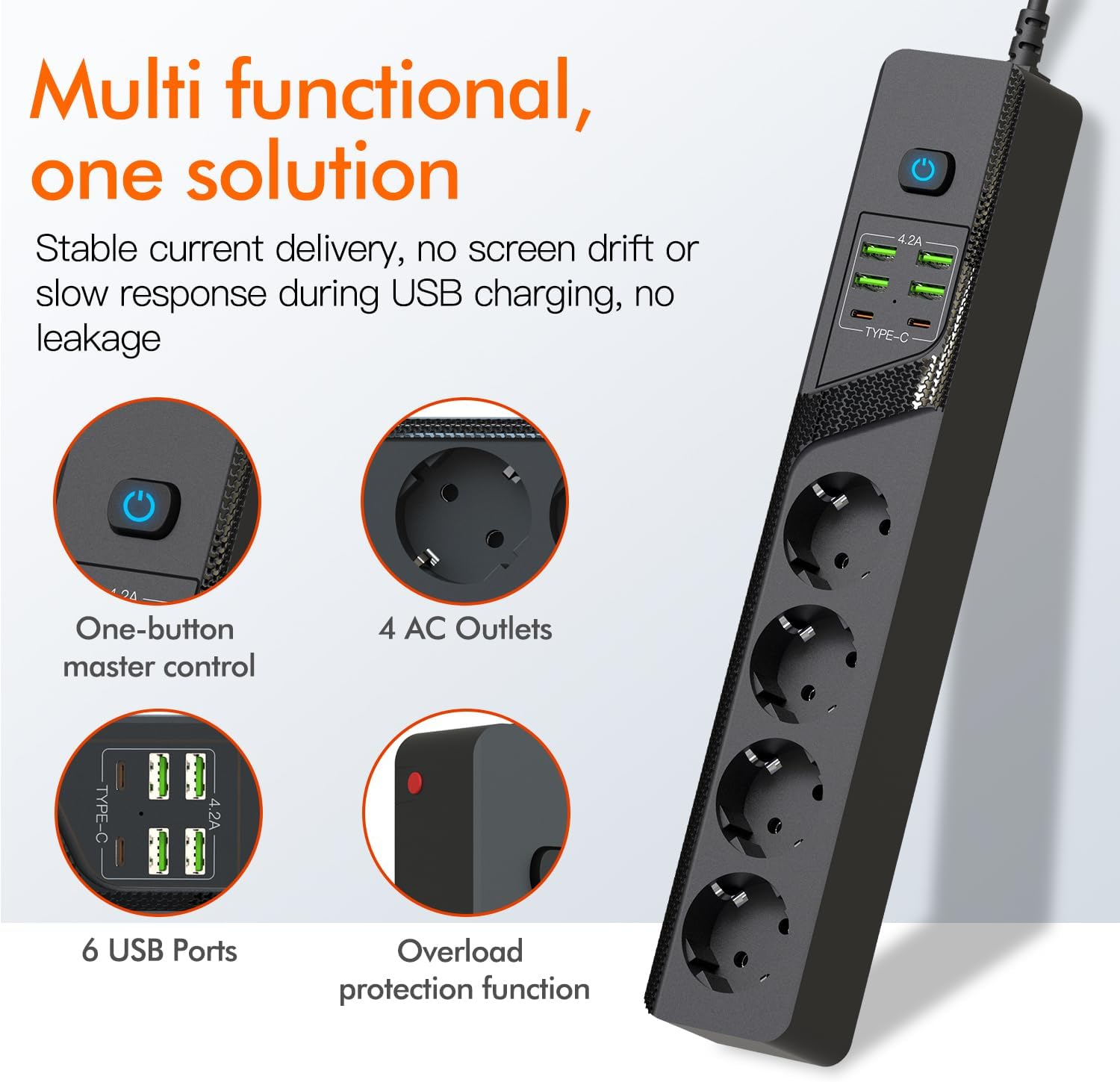 Eine schwarze Steckdosenleiste mit 4 Steckdosen, 6 USB-Anschlüssen, Ein-Knopf-Steuerung und Überlastschutz.