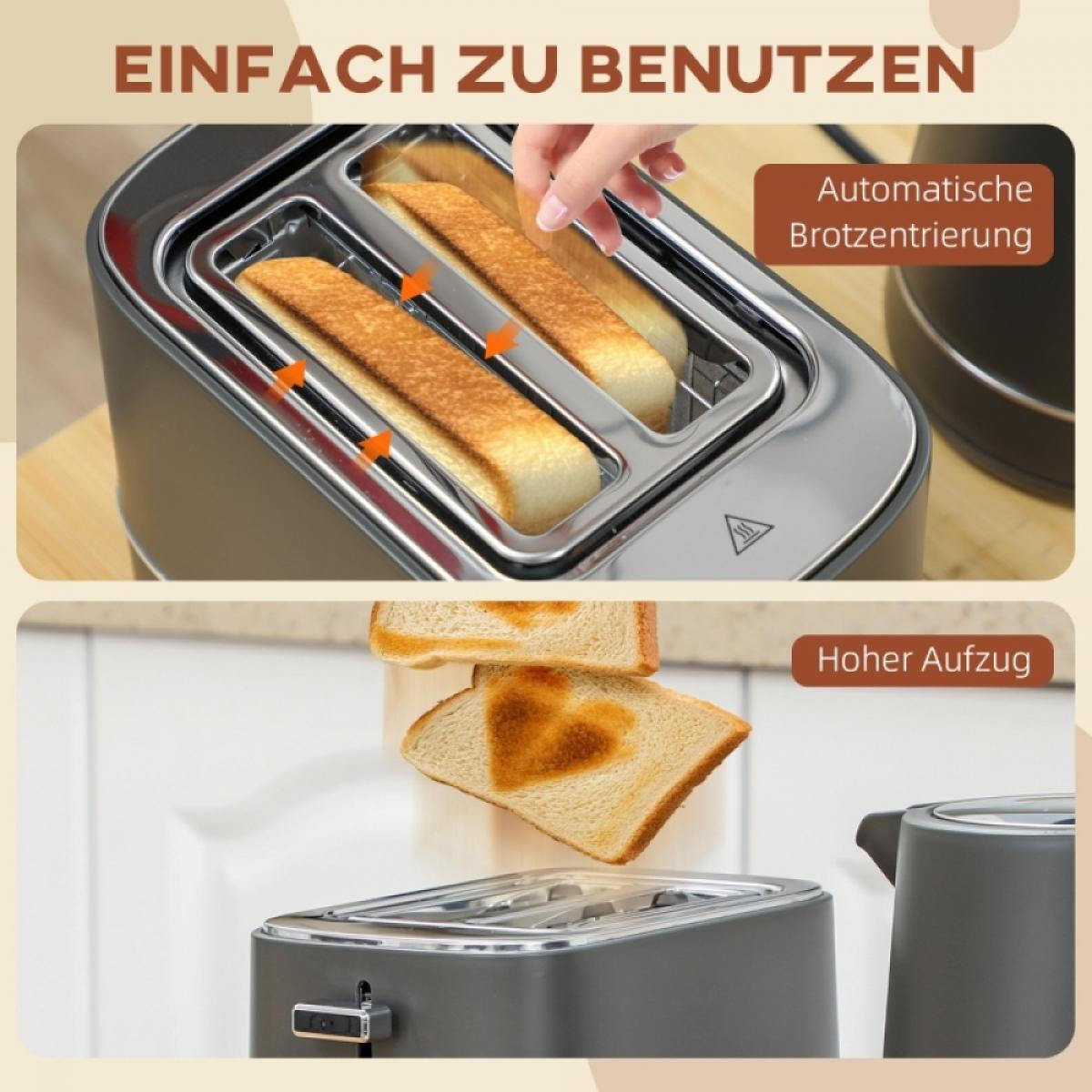 Ein grauer Toaster mit automatischer Brotzentrierung und hohem Aufzug zeigt Toast mit Herz.