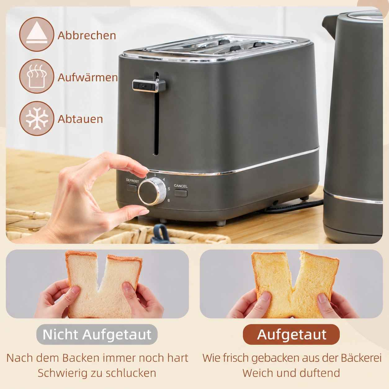 Hand stellt Regler an grauem Toaster ein, mit Symbolen für Abbrechen, Aufwärmen und Abtauen daneben.