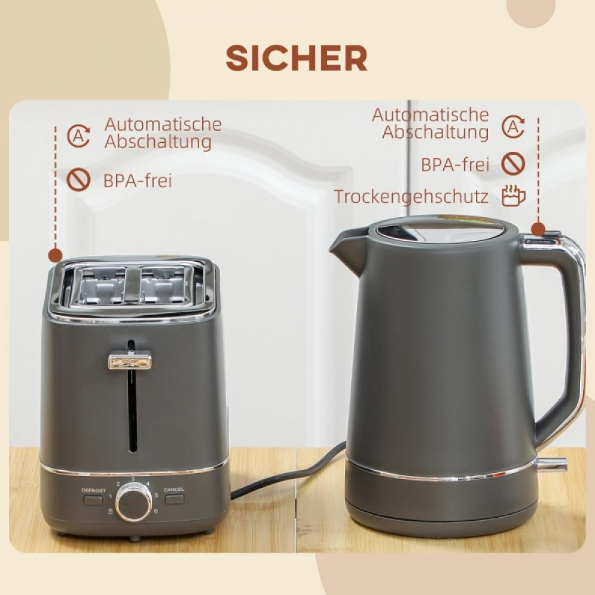 Grauer Toaster und grauer Wasserkocher auf Holzunterlage mit Sicherheitsmerkmalen wie automatischer Abschaltung.