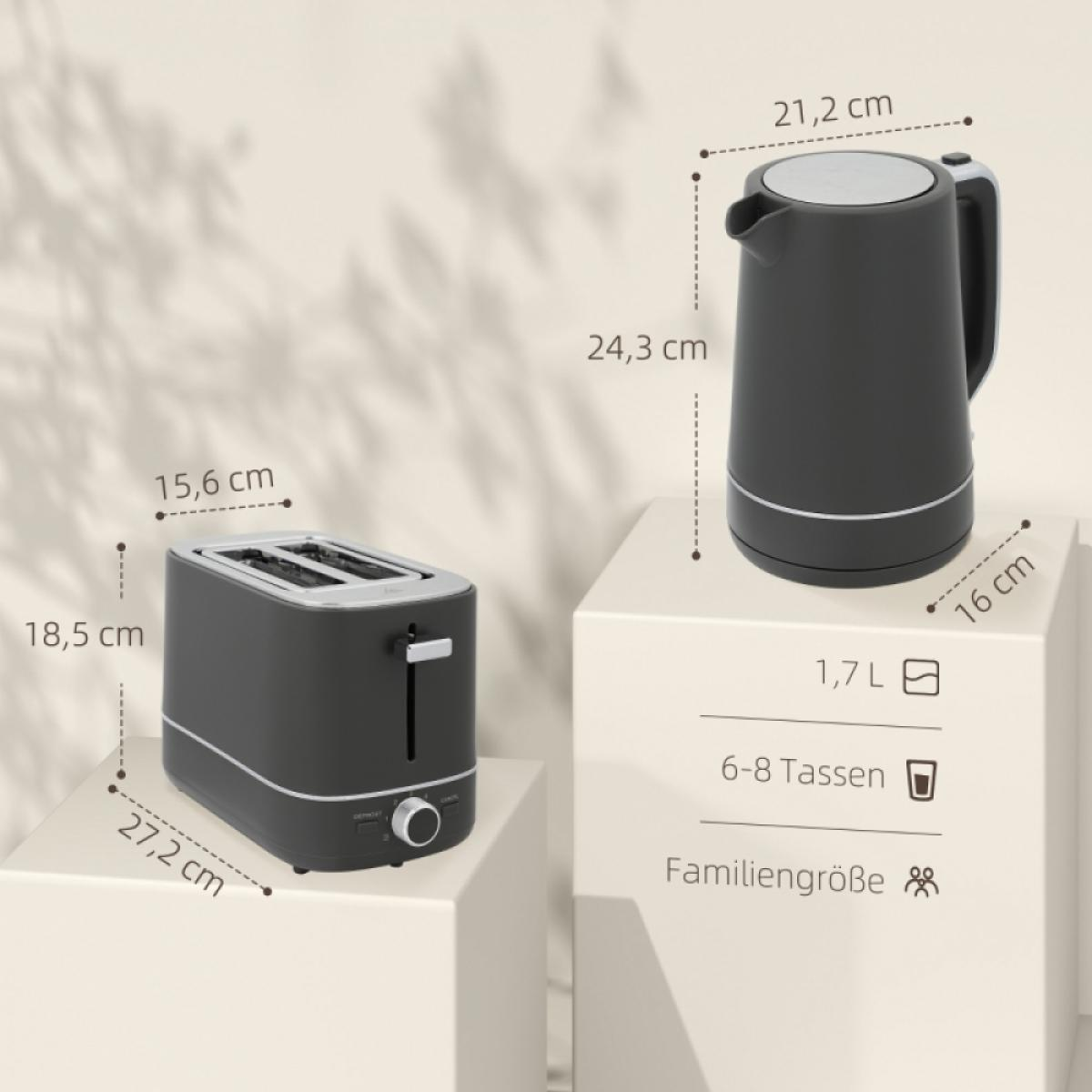Grauer Toaster und grauer Wasserkocher mit Maßangaben auf hellen Sockeln.