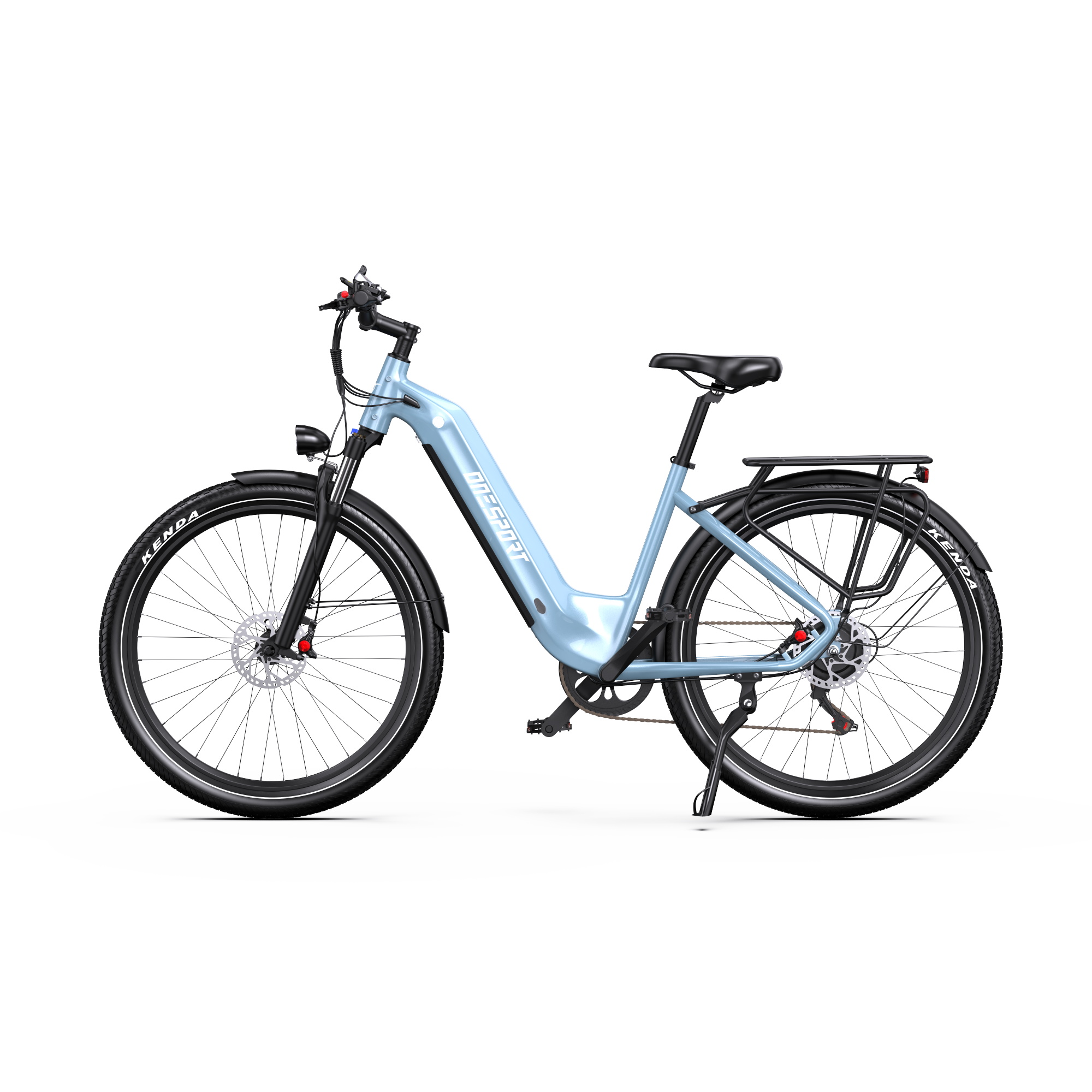 Una bicicleta eléctrica azul claro con manillar negro, portaequipajes y soporte sobre fondo blanco.