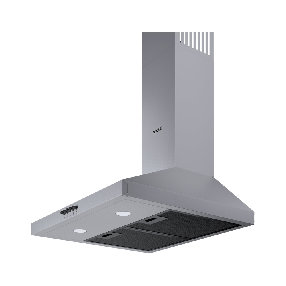 Stainless steel wall cooker hood with black filter, buttons, and two lights.