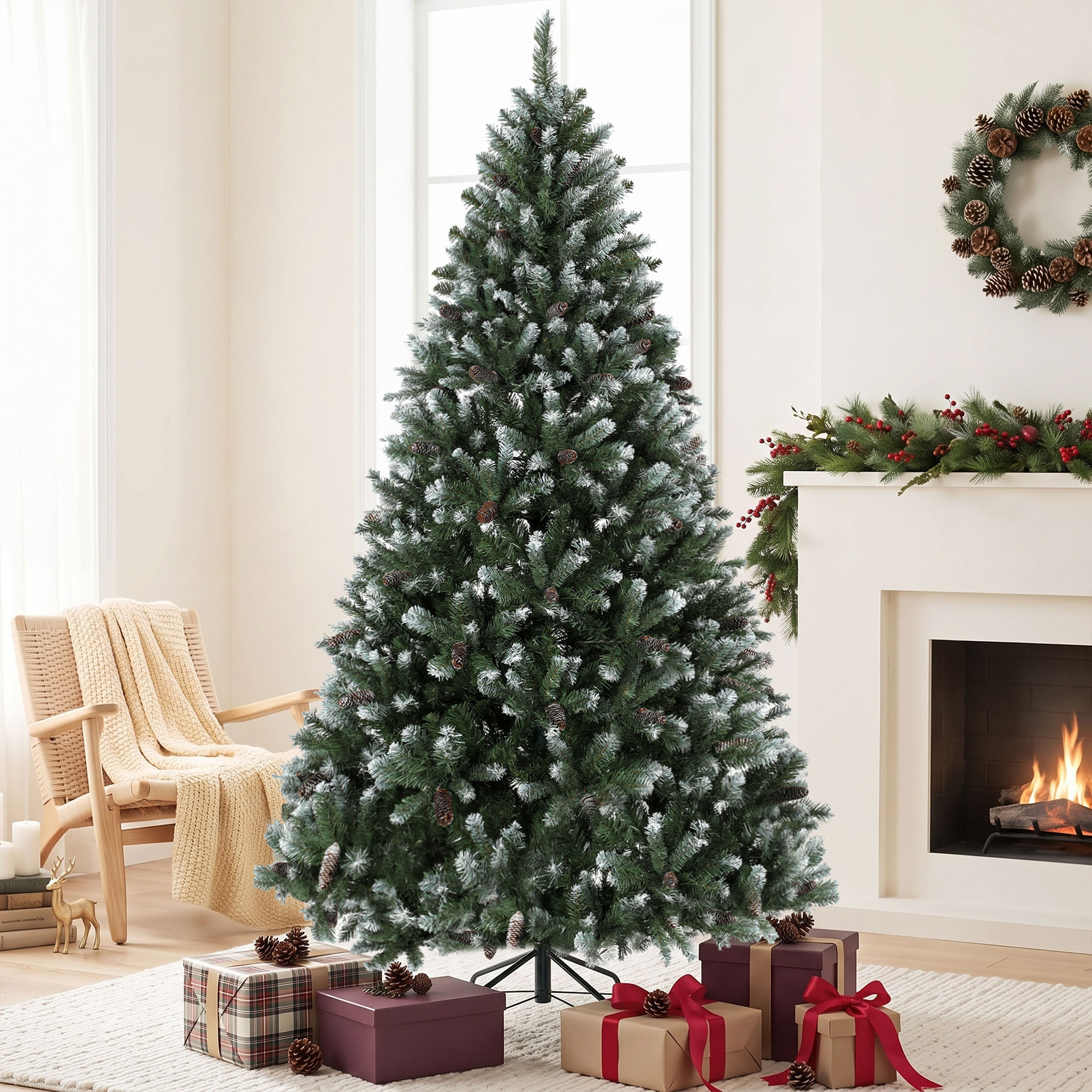 Un árbol de Navidad decorado con nieve, regalos y una chimenea al fondo.