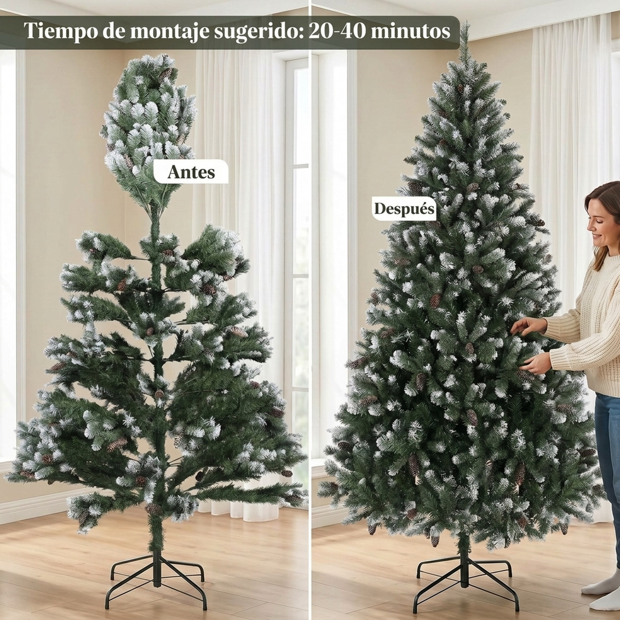 Imágenes comparativas de un árbol de Navidad artificial antes y después del montaje.