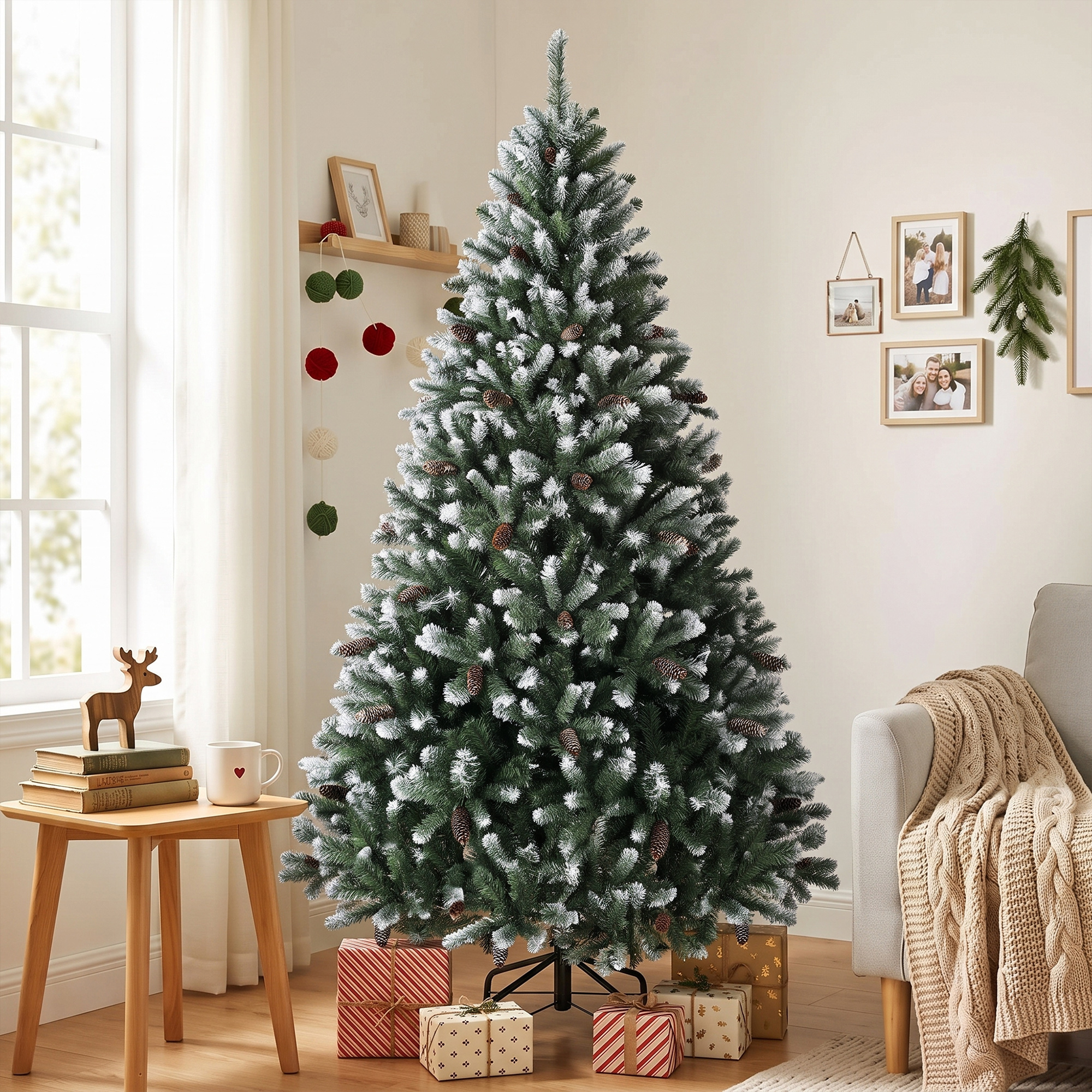 Un árbol de Navidad artificial cubierto de nieve con piñas se encuentra en una sala de estar acogedora con regalos.