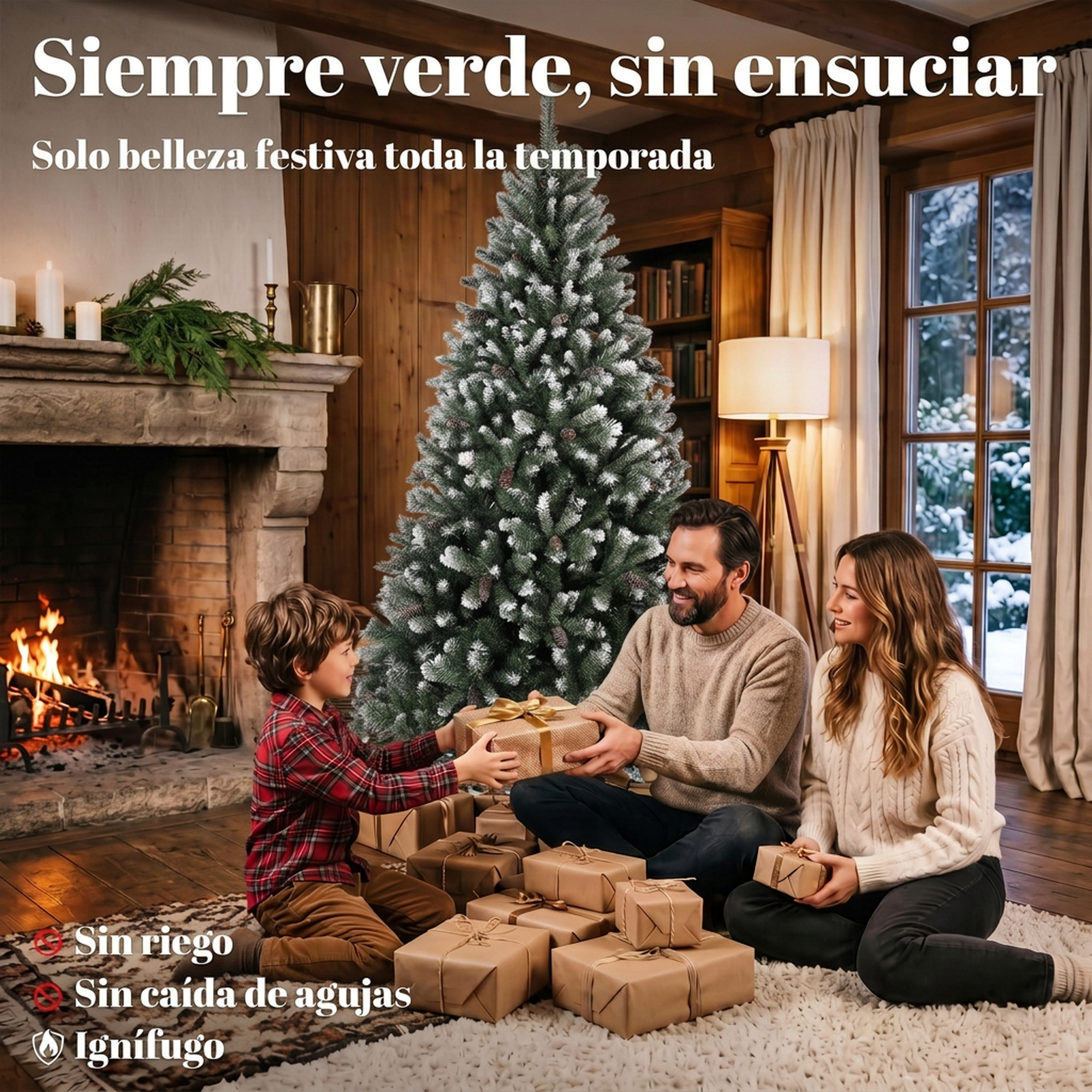 Familia sentada junto a un árbol de Navidad en el salón con regalos envueltos.
