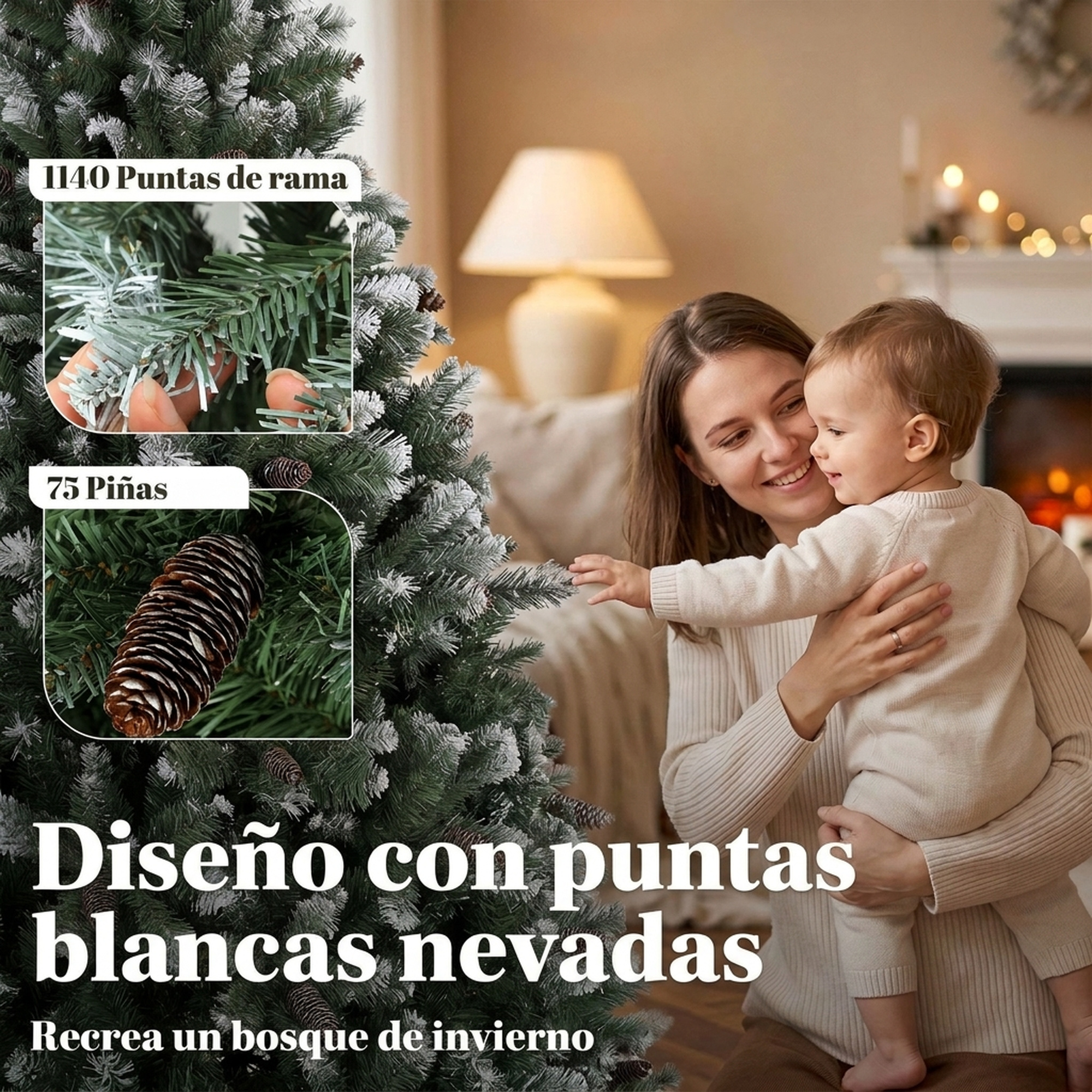 Una mujer sostiene a un niño junto a un árbol de Navidad decorado, con imágenes de detalles.