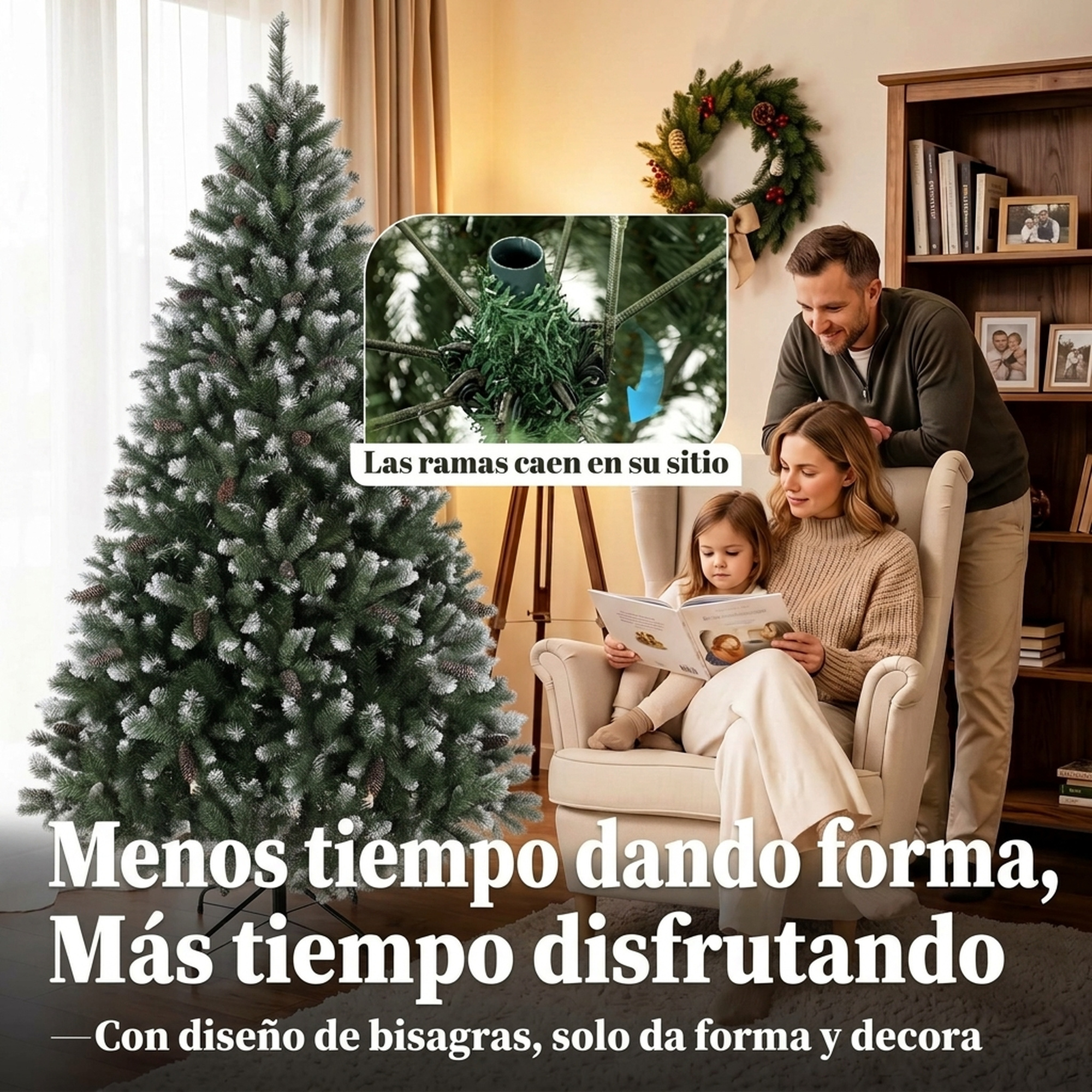 Familia leyendo en el salón, con un árbol de Navidad artificial con sistema de ramas abatibles.