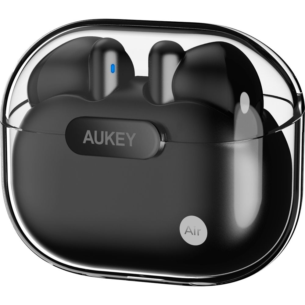 Mavi LED ışıklı ve beyaz Air yazılı şeffaf şarj kutusu içinde siyah Aukey kulaklıklar.
