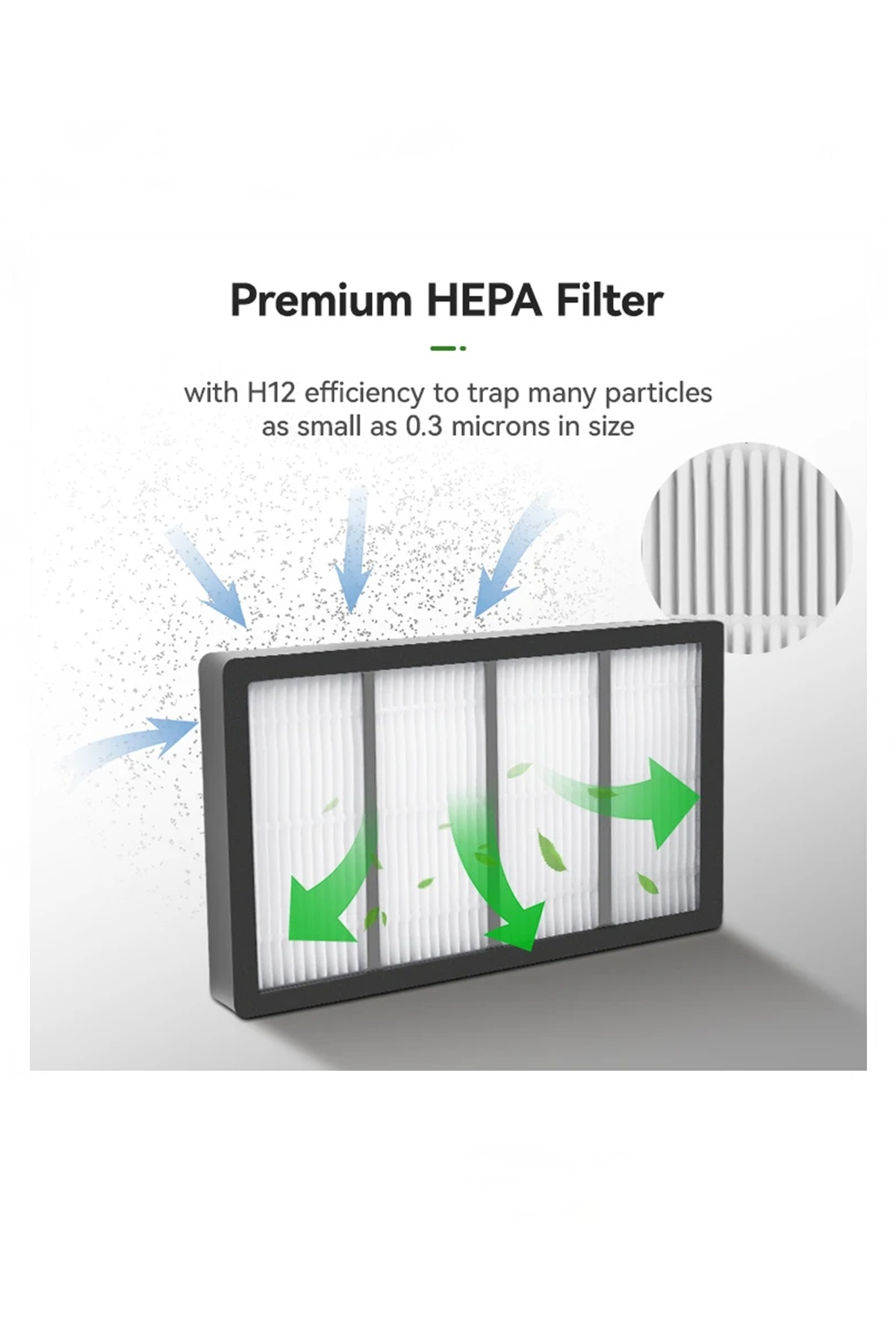 H12 verimliliğine sahip premium HEPA filtre diyagramı, hava akışı okları ve metin.