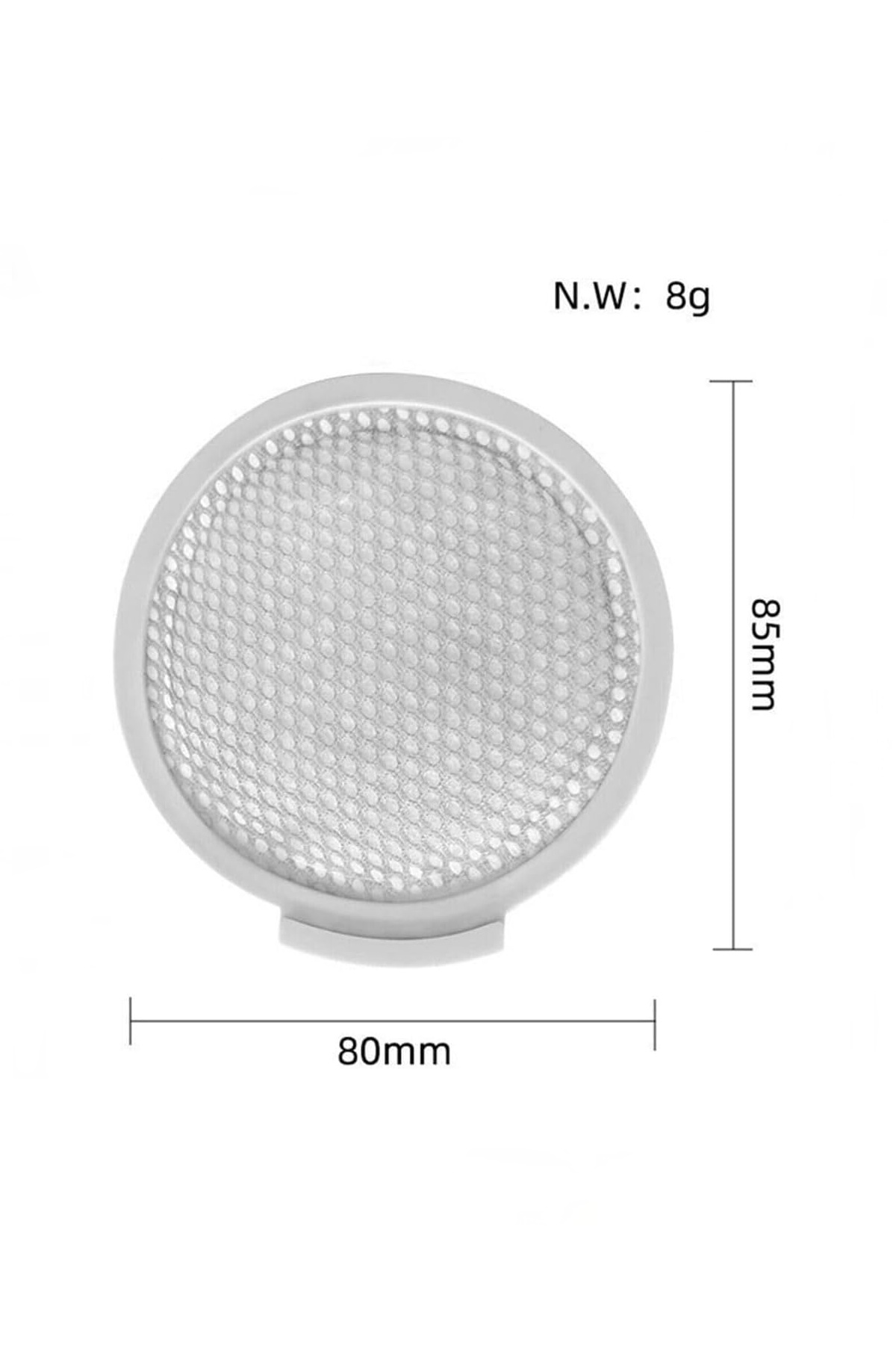 85 mm yükseklik, 80 mm genişlik ve 8 g ağırlık ölçülerine sahip yuvarlak gri kahve filtresi.