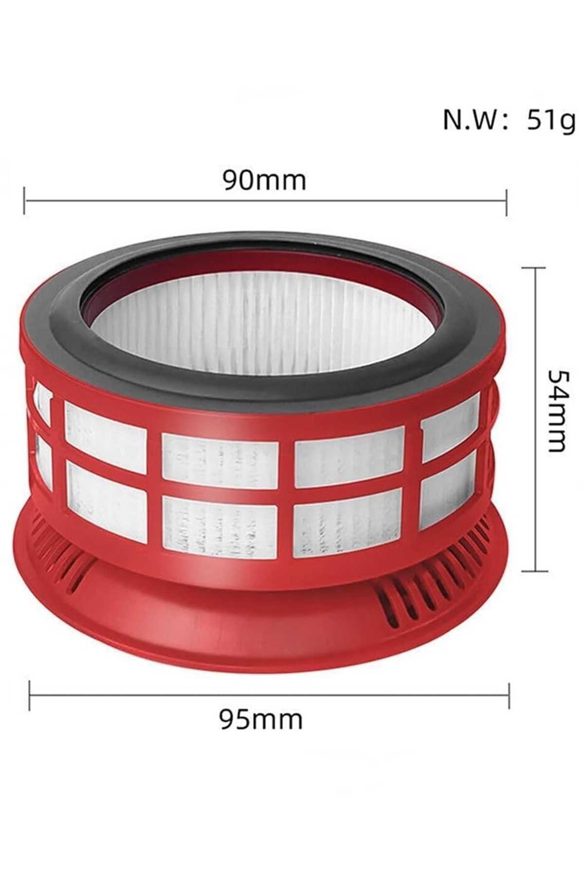 90 mm genişliğinde ve 54 mm yüksekliğinde yuvarlak, kırmızı elektrik süpürgesi filtresi.