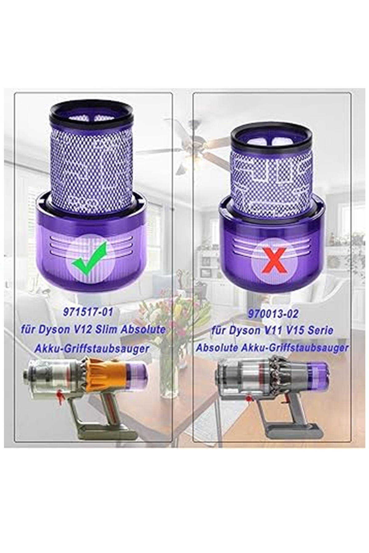 Model numaraları ve uyumlu elektrikli süpürgelerle birlikte iki Dyson elektrikli süpürge filtresinin karşılaştırması.